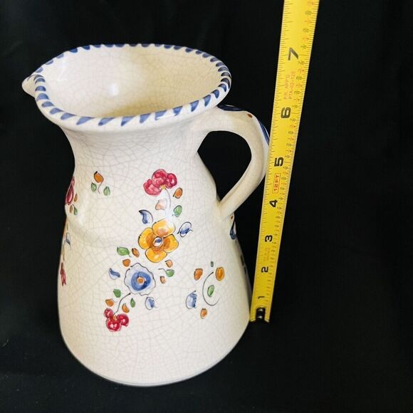 RARE Talavera Crackle Glaze Vase Jug Pitcher Vintage Handle MCM Flowers Flower - Picture 9 of 10